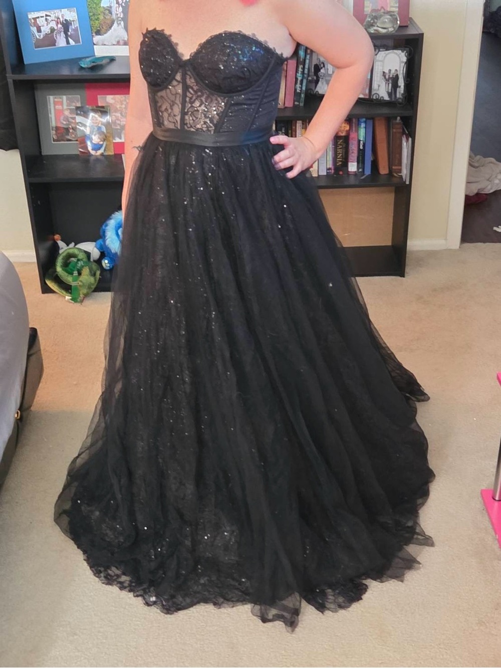 David's Bridal Black Strapless Lace and Tulle A-Line Gown
